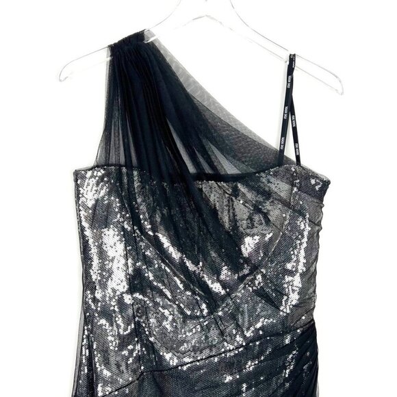 Tadashi Shoji Sequin w/Tulle Overlay One-Shoulder Cocktail Dress. Size 6 - Picture 3 of 15